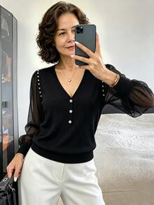 GlowEve Autumn Elegant Granny Casual Pearl Decor Chiffon Patchwork V-Neck Button-Down Lantern Long Sleeve Women's T-Shirt Formal Senior Cocktail Office Black - Black - View 3