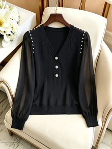 GlowEve Autumn Elegant Granny Casual Pearl Decor Chiffon Patchwork V-Neck Button-Down Lantern Long Sleeve Women's T-Shirt Formal Senior Cocktail Office Black - Black - View 5