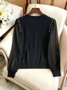 GlowEve Autumn Elegant Granny Casual Pearl Decor Chiffon Patchwork V-Neck Button-Down Lantern Long Sleeve Women's T-Shirt Formal Senior Cocktail Office Black - Black - View 2