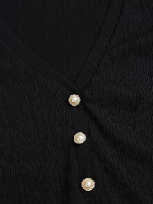 GlowEve Autumn Elegant Granny Casual Pearl Decor Chiffon Patchwork V-Neck Button-Down Lantern Long Sleeve Women's T-Shirt Formal Senior Cocktail Office Black - Black - View 6