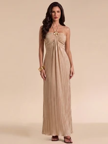 Bluhae Fashionable Sexy Pleated Design Metal Buckle Accessory Halter Neck Women's Spring Summer Evening Party Long Khaki Dress - Khaki - View 4