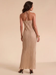 Bluhae Fashionable Sexy Pleated Design Metal Buckle Accessory Halter Neck Women's Spring Summer Evening Party Long Khaki Dress - Khaki - View 3