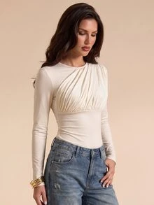 Bluhae Women's Versatile Fashion Pleated Long Sleeve Top For Vacation And Streetwear - Apricot - View 1