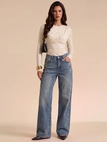 Bluhae Women's Versatile Fashion Pleated Long Sleeve Top For Vacation And Streetwear - Apricot - View 3