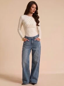 Bluhae Women's Versatile Fashion Pleated Long Sleeve Top For Vacation And Streetwear - Apricot - View 4