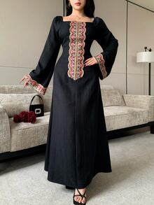 Celisse 方領珠飾刺繡拼接繫腰優雅女款長洋裝 - 黑色 - 查看 3