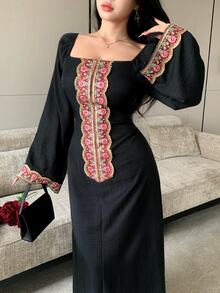 Celisse 方領珠飾刺繡拼接繫腰優雅女款長洋裝 - 黑色 - 查看 6