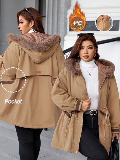 SHEIN Clasi Chaqueta parka de invierno casual con capucha y forro de piel de conejo de manga larga para mujer de talla grande