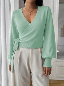 Elafinee 花卉咖啡色短款交叉V領綁腰長袖羊腿袖休閒優雅女款針織衫 - 薄荷藍 - 查看 3