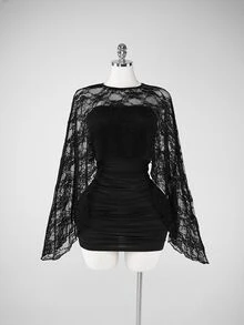 SaltGleam SaltGleam Setelan 2 Potong Hitam Polos, Bolero Pendek Transparan Berenda Bunga + Gaun Mini Bodycon Tanpa Lengan dengan Detail Kerut, Gaya Elegan Gelap, Cocok untuk Kencan, Pesta, Acara Malam, Paduan Gaya Gothic, Cocok untuk Pakaian Wanita Musim Semi, Musim Panas, dan Musim Gugur - Hitam - View 3