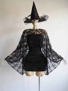SaltGleam SaltGleam Setelan 2 Potong Hitam Polos, Bolero Pendek Transparan Berenda Bunga + Gaun Mini Bodycon Tanpa Lengan dengan Detail Kerut, Gaya Elegan Gelap, Cocok untuk Kencan, Pesta, Acara Malam, Paduan Gaya Gothic, Cocok untuk Pakaian Wanita Musim Semi, Musim Panas, dan Musim Gugur - Hitam - View 6