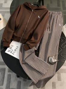 SHEIN LUNE 女款棕色兩件式運動套裝，獨角獸刺繡全開襟連帽外套 + 棕色與白色條紋抽繩寬腿長褲，極簡風套裝，居家服，週末健身、散步、購物、咖啡、日常街頭穿搭、旅行穿搭 - 彩色 - 查看 1