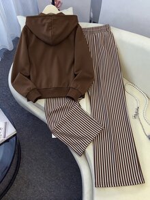 SHEIN LUNE 女款棕色兩件式運動套裝，獨角獸刺繡全開襟連帽外套 + 棕色與白色條紋抽繩寬腿長褲，極簡風套裝，居家服，週末健身、散步、購物、咖啡、日常街頭穿搭、旅行穿搭 - 彩色 - 查看 2