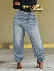 Slaydiva Women's Casual Washed Design Denim Jeans - Blue - View 1
