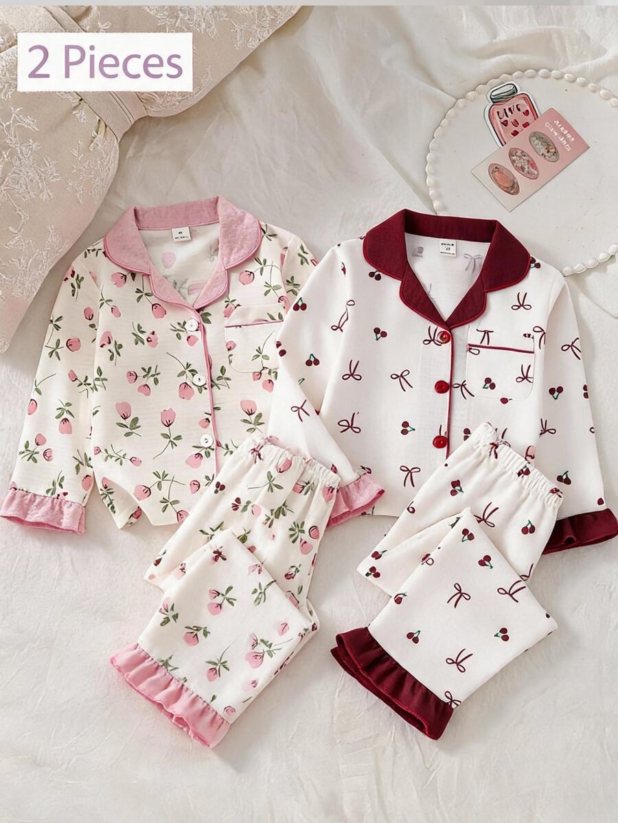 SHEIN Sweet Ditsy Floral Combination Long Sleeve Cardigan & Pants 2 Pieces Set, Casual Comfortable Loungewear For Little Girls - Multicolor - View 1