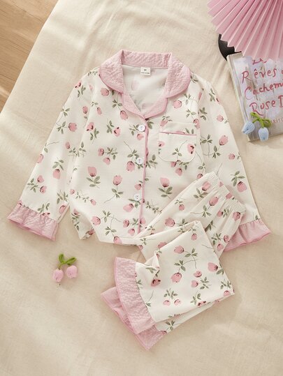 SHEIN Sweet Ditsy Floral Combination Long Sleeve Cardigan & Pants 2 Pieces Set, Casual Comfortable Loungewear For Little Girls