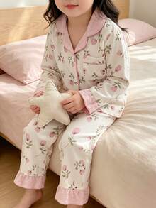 SHEIN Sweet Ditsy Floral Combination Long Sleeve Cardigan & Pants 2 Pieces Set, Casual Comfortable Loungewear For Little Girls - Multicolor - View 4