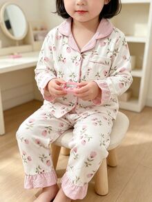 SHEIN Sweet Ditsy Floral Combination Long Sleeve Cardigan & Pants 2 Pieces Set, Casual Comfortable Loungewear For Little Girls - Multicolor - View 5