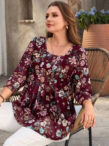 Rosumi Plus Size Women Burgundy Floral Print 3/4 Sleeve Shirt, Autumn Outfits Party Brunch Wedding Vacation Beach Boho Elegant Curve - Burgundy - View 7