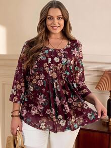 Rosumi Plus Size Women Burgundy Floral Print 3/4 Sleeve Shirt, Autumn Outfits Party Brunch Wedding Vacation Beach Boho Elegant Curve - Burgundy - View 1