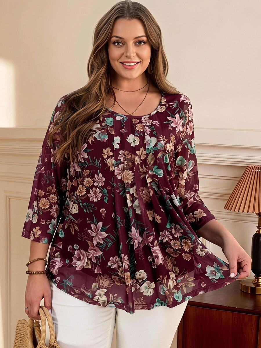 Rosumi Plus Size Women Burgundy Floral Print 3/4 Sleeve Shirt, Autumn Outfits Party Brunch Wedding Vacation Beach Boho Elegant Curve - Burgundy - View 1