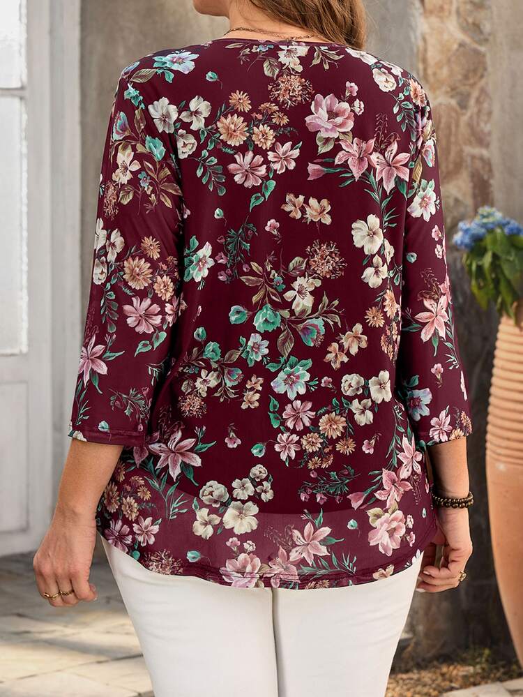 Rosumi Plus Size Women Burgundy Floral Print 3/4 Sleeve Shirt, Autumn Outfits Party Brunch Wedding Vacation Beach Boho Elegant Curve - Burgundy - View 2