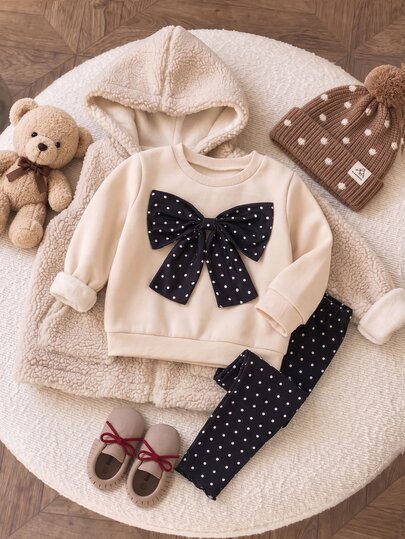 SHEIN Elladie kids 2pcs/Set Girls Spring/Autumn New Beige/Black Sweet Girl Style Thin Knit Two Pieces Set, Large Polka Dot Bow Round Neck Loose Sweatshirt With Polka Dot Ruffle Hem High Waist Elastic Leggings, Suitable For School, Daily Wear, Outings, Family Trips, Casual, Birthday Outfits, Versatile Casual Set For Girls