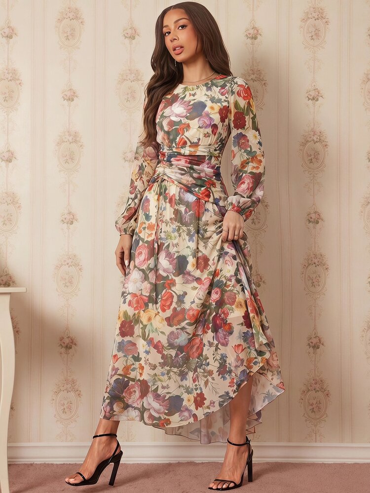 Amorya Women's Elegant Floral Print Dress - Multicolor - View 3