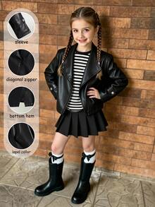 Young Girls Black PU Jacket, Lapel Zipper Design Front Opening Coat, Autumn/Winter Style, Suitable For Sports, Outings, Parties, School Wear - Black - View 5