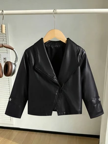 Young Girls Black PU Jacket, Lapel Zipper Design Front Opening Coat, Autumn/Winter Style, Suitable For Sports, Outings, Parties, School Wear - Black - View 7