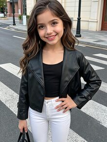 Young Girls Black PU Jacket, Lapel Zipper Design Front Opening Coat, Autumn/Winter Style, Suitable For Sports, Outings, Parties, School Wear - Black - View 1