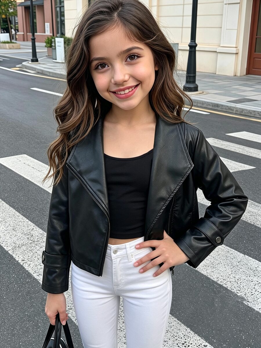 Young Girls Black PU Jacket, Lapel Zipper Design Front Opening Coat, Autumn/Winter Style, Suitable For Sports, Outings, Parties, School Wear - Black - View 1