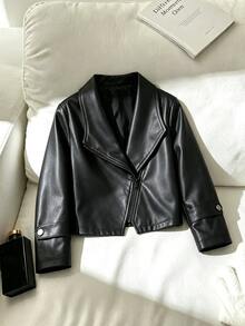 Young Girls Black PU Jacket, Lapel Zipper Design Front Opening Coat, Autumn/Winter Style, Suitable For Sports, Outings, Parties, School Wear - Black - View 3