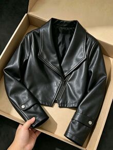 Young Girls Black PU Jacket, Lapel Zipper Design Front Opening Coat, Autumn/Winter Style, Suitable For Sports, Outings, Parties, School Wear - Black - View 2