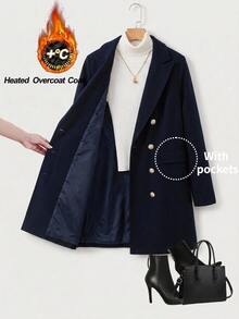 Comfylo Plus Lapel Neck Double Breasted Coat Fall - Navy Blue - View 2