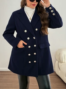Comfylo Plus Lapel Neck Double Breasted Coat Fall - Navy Blue - View 6