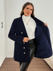 Comfylo Plus Lapel Neck Double Breasted Coat Fall - Navy Blue - View 5