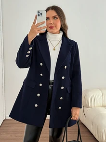 Comfylo Plus Lapel Neck Double Breasted Coat Fall - Navy Blue - View 8