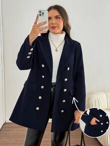 Comfylo Plus Lapel Neck Double Breasted Coat Fall - Navy Blue - View 1