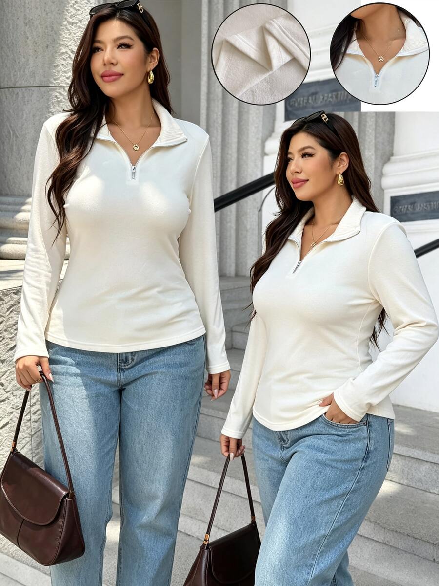 GlowEve CURVE Kaos Wanita Ukuran Besar Kasual Serbaguna Warna Polos untuk Musim Dingin - Krem - View 1