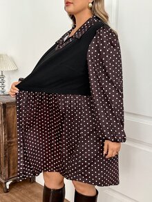 SHEIN CURVE+ Set Gaun 2 Potong Kasual Ukuran Plus Musim Gugur dengan Kerah Tegak dan Motif Polkadot, Lengan Panjang Model Lentera, Rajutan Blok Warna, dan Patchwork. - Hitam - View 6