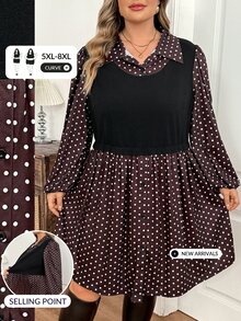 SHEIN CURVE+ Set Gaun 2 Potong Kasual Ukuran Plus Musim Gugur dengan Kerah Tegak dan Motif Polkadot, Lengan Panjang Model Lentera, Rajutan Blok Warna, dan Patchwork. - Hitam - View 5