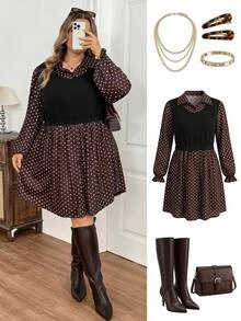SHEIN CURVE+ Set Gaun 2 Potong Kasual Ukuran Plus Musim Gugur dengan Kerah Tegak dan Motif Polkadot, Lengan Panjang Model Lentera, Rajutan Blok Warna, dan Patchwork. - Hitam - View 1