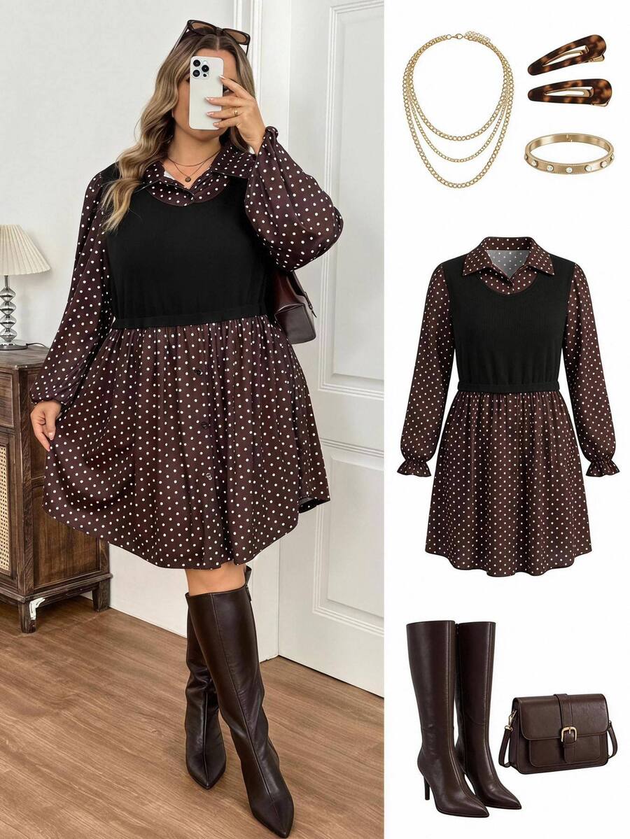 SHEIN CURVE+ Set Gaun 2 Potong Kasual Ukuran Plus Musim Gugur dengan Kerah Tegak dan Motif Polkadot, Lengan Panjang Model Lentera, Rajutan Blok Warna, dan Patchwork. - Hitam - View 1