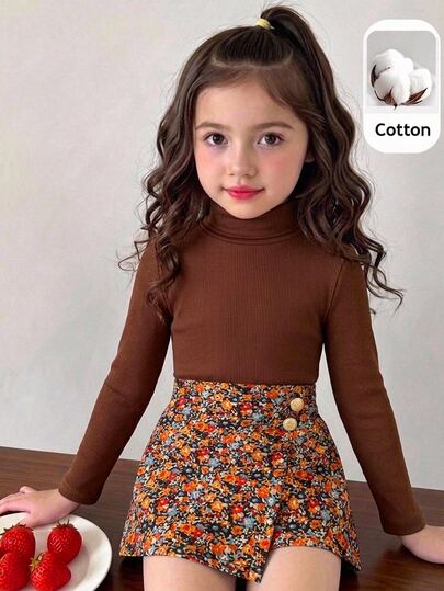 SHEIN Young Girl 2pcs Set: Knitted Solid Color Stand Collar Casual T-Shirt And Woven Ditsy Floral Skort