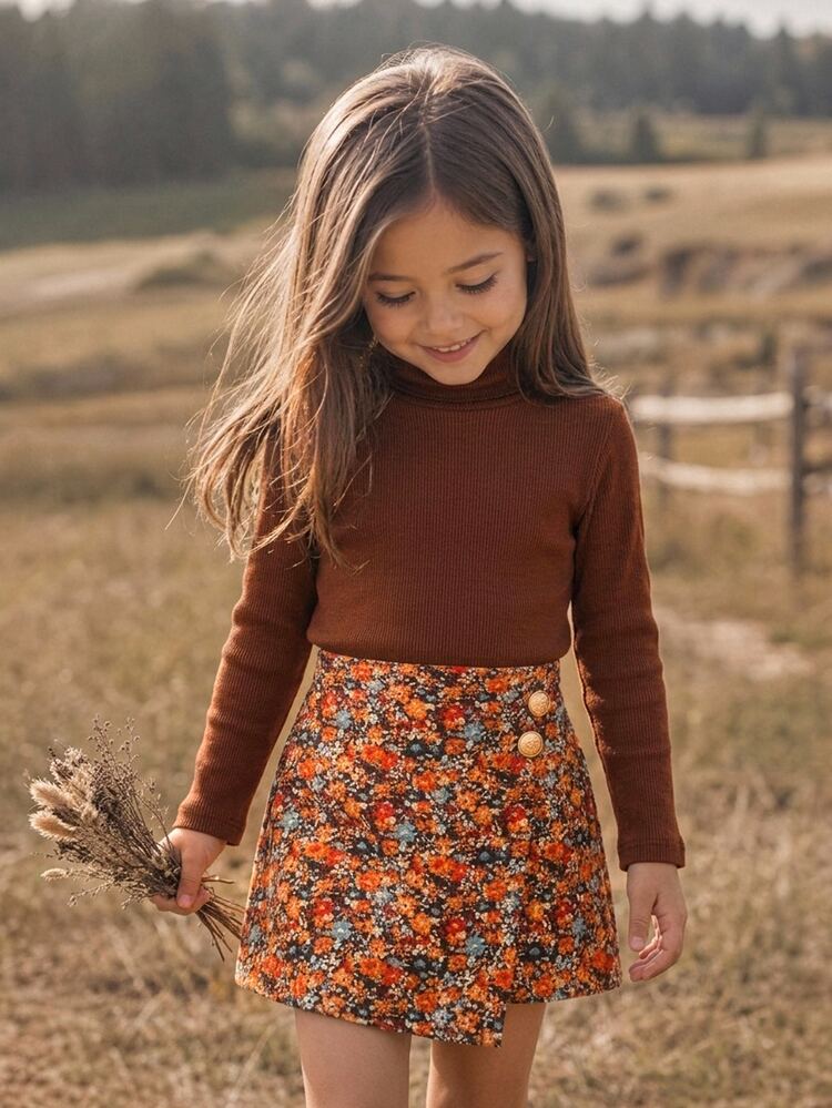 SHEIN Kids Young Girl 2pcs Set: Knitted Solid Color Stand Collar Casual T-Shirt And Woven Ditsy Floral Skort - Multicolor - View 4
