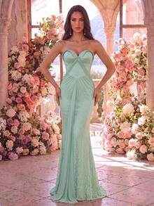 Glamrae Mint Green Strapless Sweetheart Mermaid Evening Gown With Bow-Style Ruched Corset Bodice, Lace Detail And Floor-Length Train - Mint Green - View 5