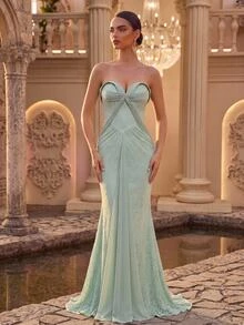 Glamrae Mint Green Strapless Sweetheart Mermaid Evening Gown With Bow-Style Ruched Corset Bodice, Lace Detail And Floor-Length Train - Mint Green - View 3