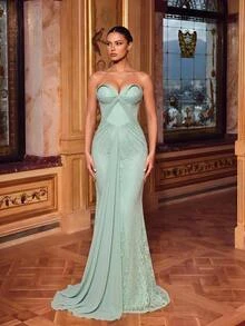 Glamrae Mint Green Strapless Sweetheart Mermaid Evening Gown With Bow-Style Ruched Corset Bodice, Lace Detail And Floor-Length Train - Mint Green - View 6