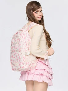 ROMWE Kawaii 3件組米色尼龍蝴蝶結印花多口袋可折疊防水拉鍊背包，適合青少年、高中/大學生、女性日常、上學、訓練、通勤、購物、旅行，情人節禮物（隨機字母吊牌），時尚背包附鉛筆盒，可愛蝴蝶結開學必備背包，大學背包，大學必備，大容量學生背包 - 粉色 - 查看 7